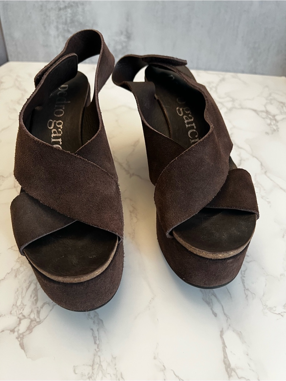 Pedro Garcia Dark Brown Suede Crisscross Platform Sandals